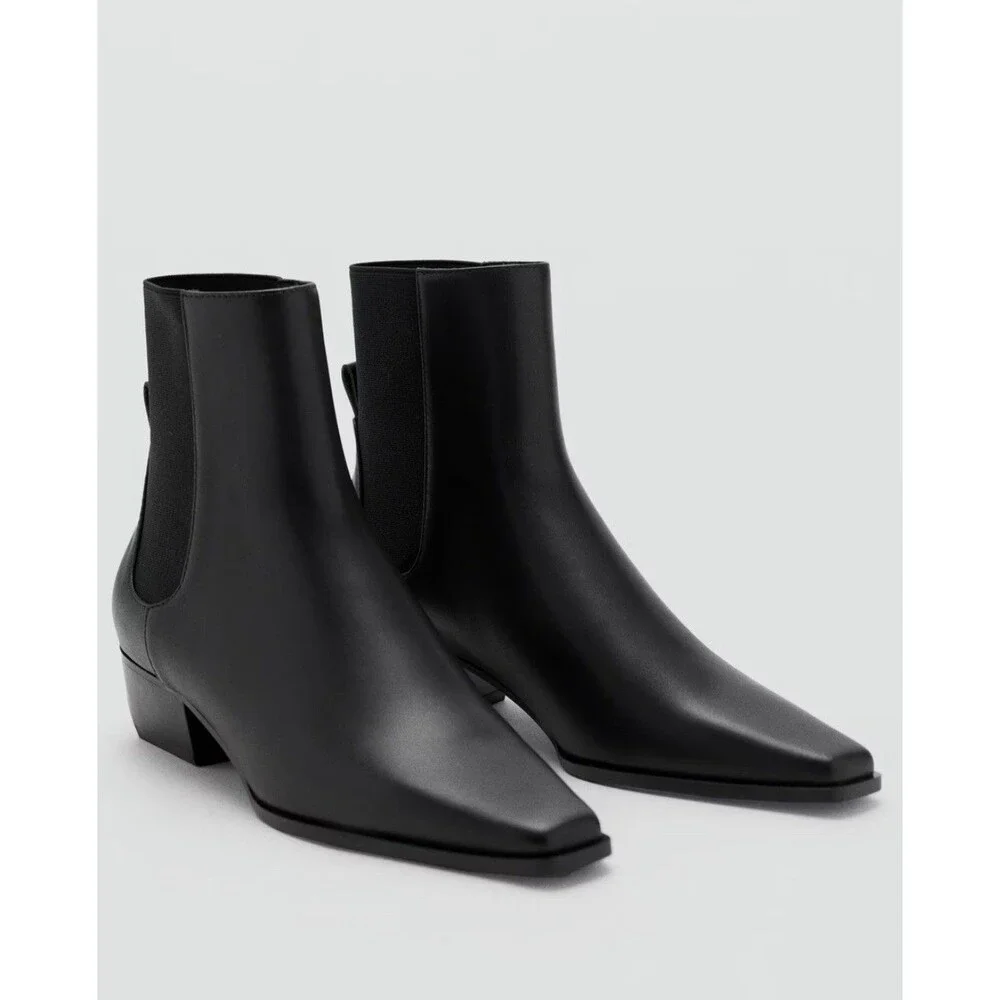 MANGO MNG Leather Square Toe Bootie In Black Size 39/8.5 NWOB
